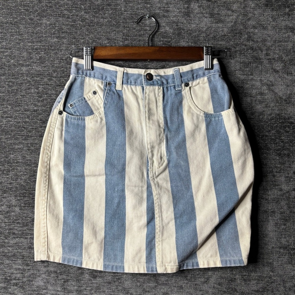 Vintage 90s Striped Denim Mini Skirt High Waisted Blue Cream Size Small Y2K